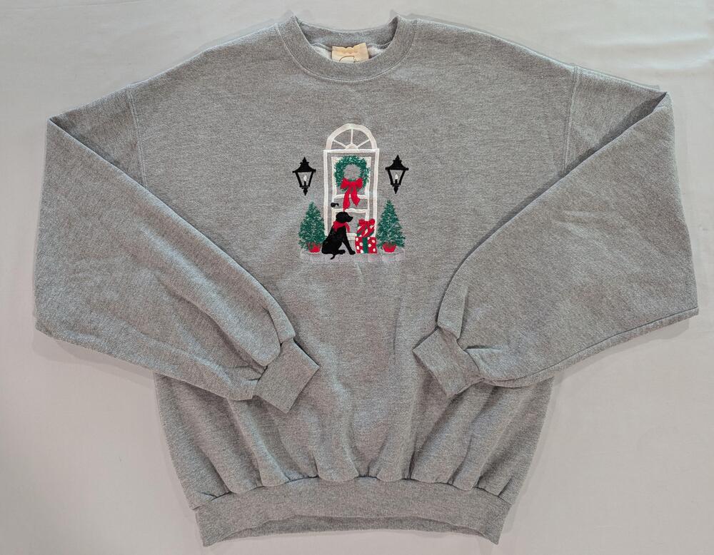 Vintage Peanut Butter & Jelly Sweatshirt Womens L Gray Dog Wreath Christmas